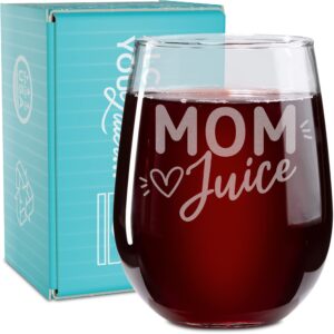 on the rox drinks wine gifts for mom- 17oz “mom juice” engraved stemless wine glass - unique funny birthday, mother’s day gifts for mothers, expecting moms, stepmoms