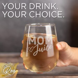 On The Rox Drinks Wine Gifts for Mom- 17Oz “Mom Juice” Engraved Stemless Wine Glass - Unique Funny Birthday, Mother’s Day Gifts for Mothers, Expecting Moms, Stepmoms