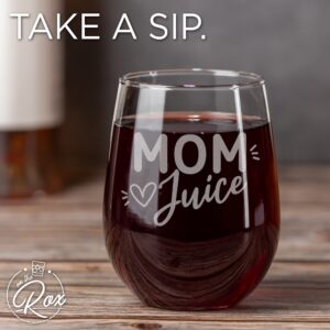 On The Rox Drinks Wine Gifts for Mom- 17Oz “Mom Juice” Engraved Stemless Wine Glass - Unique Funny Birthday, Mother’s Day Gifts for Mothers, Expecting Moms, Stepmoms