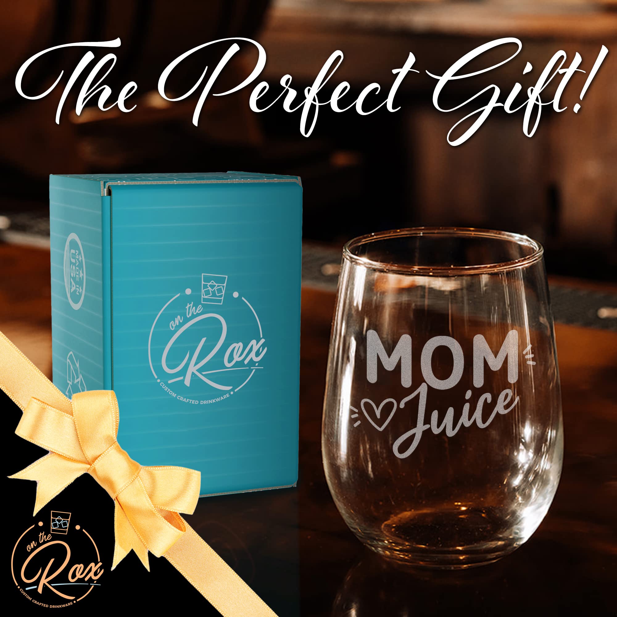 On The Rox Drinks Wine Gifts for Mom- 17Oz “Mom Juice” Engraved Stemless Wine Glass - Unique Funny Birthday, Mother’s Day Gifts for Mothers, Expecting Moms, Stepmoms
