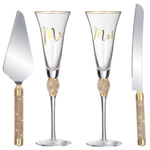 boao 4 piece wedding toasting flutes and cake server set wedding reception supplies champagne glasses cake knife pie server (gold)