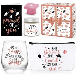levfla graduation gifts set, congratulations present box for her girl women college student with pre-packed wine glass grad cap bath bomb makeup bag candle card rose gold