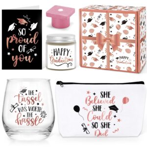 Levfla Graduation Gifts Set, Congratulations Present Box for Her Girl Women College Student with Pre-Packed Wine Glass Grad Cap Bath Bomb Makeup Bag Candle Card Rose Gold