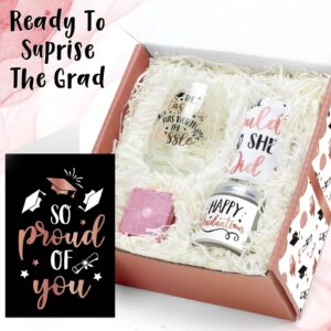 Levfla Graduation Gifts Set, Congratulations Present Box for Her Girl Women College Student with Pre-Packed Wine Glass Grad Cap Bath Bomb Makeup Bag Candle Card Rose Gold