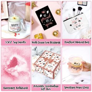 Levfla Graduation Gifts Set, Congratulations Present Box for Her Girl Women College Student with Pre-Packed Wine Glass Grad Cap Bath Bomb Makeup Bag Candle Card Rose Gold