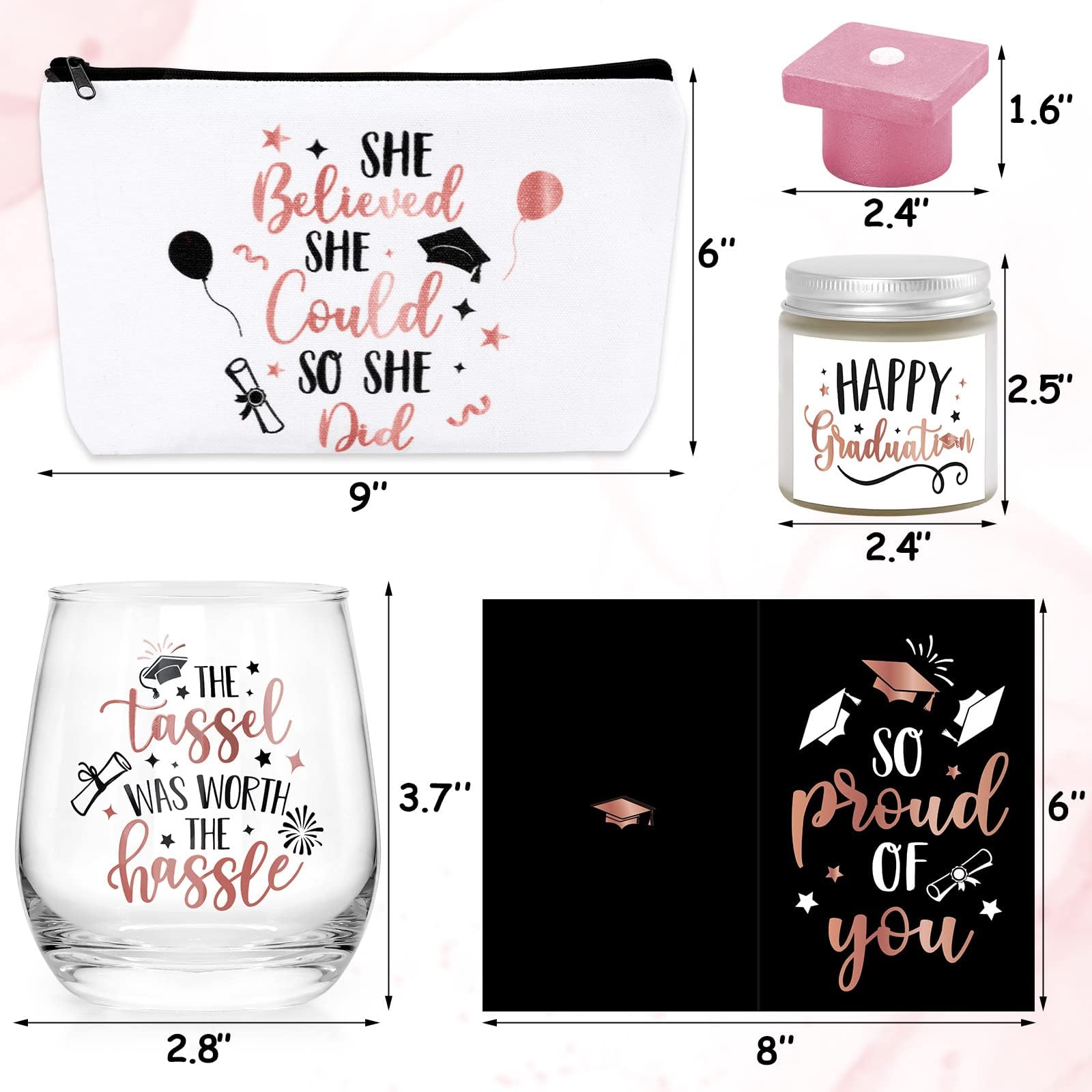Levfla Graduation Gifts Set, Congratulations Present Box for Her Girl Women College Student with Pre-Packed Wine Glass Grad Cap Bath Bomb Makeup Bag Candle Card Rose Gold