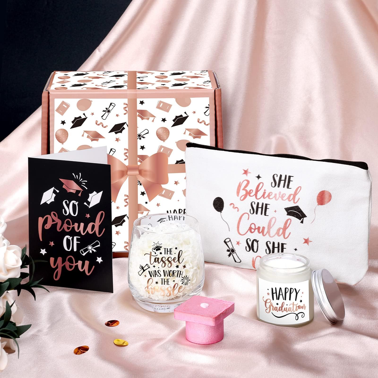 Levfla Graduation Gifts Set, Congratulations Present Box for Her Girl Women College Student with Pre-Packed Wine Glass Grad Cap Bath Bomb Makeup Bag Candle Card Rose Gold