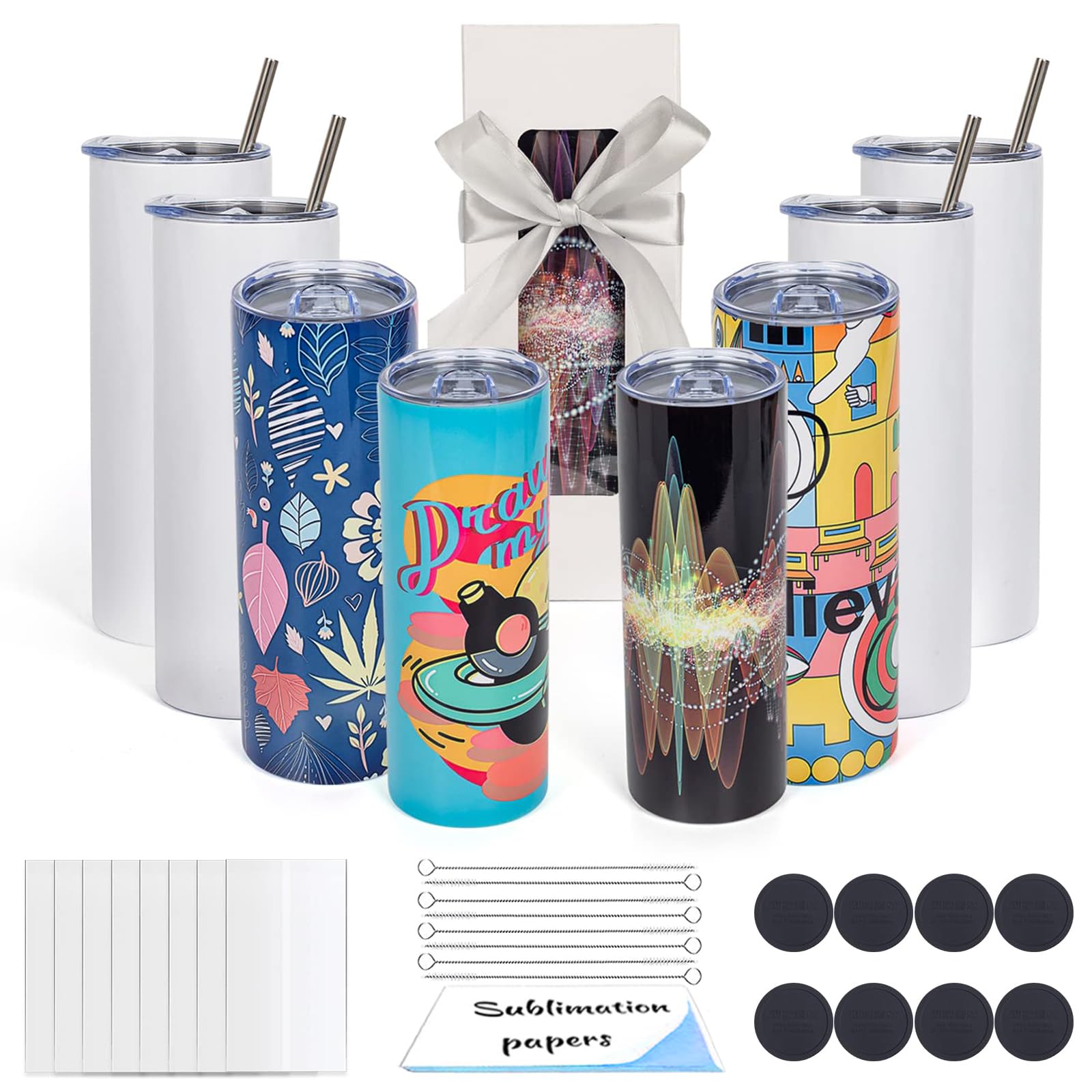 UIRZOTN 8 Pack 20 OZ Sublimation Tumbler Blanks Skinny Straight in Bulk, Stainless Steel Insulated Sublimation Tumbler with Polymer Coating for Heat Transfer, With Lid, Straw, ribbon, Gift Box