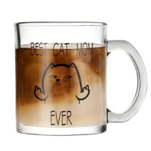 dazlute glass coffee mug, best cat mom ever clear coffee mugs with handle, funny mother’ s day birthday christmas gifts for cat lovers mom mother women her, 11oz