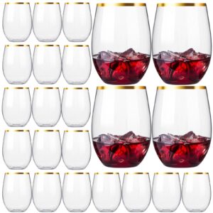 eventpartener 20 pack disposable stemless wine glasses, 16 oz plastic wine cups, gold rim unbreakable wine glasses, whiskey cocktail glasses, shatterproof clear drinking glasses for party, wedding