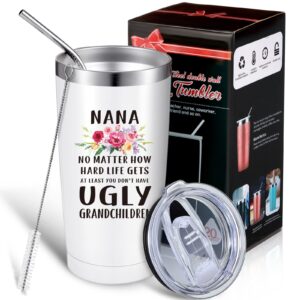 patelai nana gifts, nana at least you don't have ugly grandchildren, nice grandma mom gifts for mother's day thanksgiving day birthday, 20 oz insulated travel tumbler with lid gift box