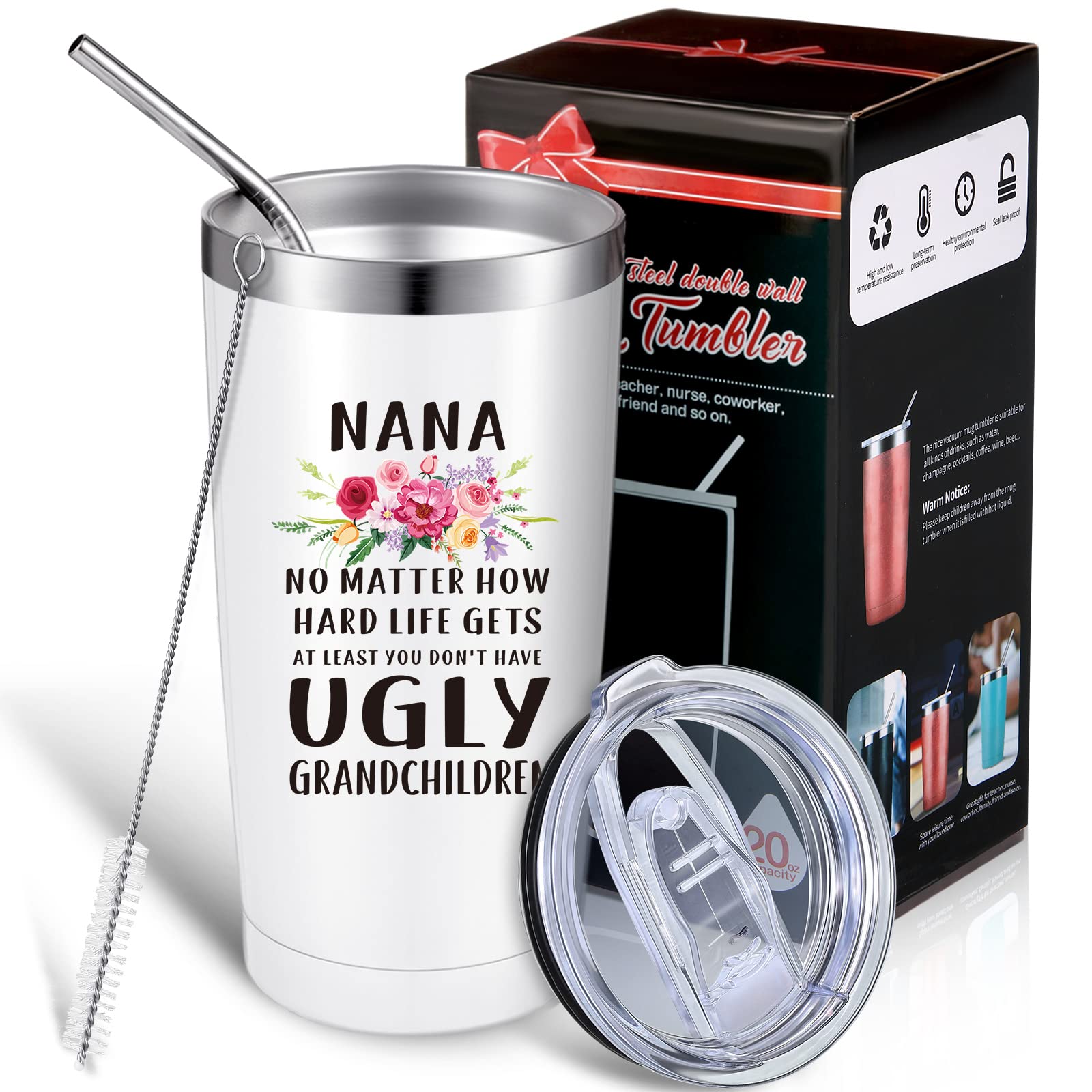 Patelai Nana Gifts, Nana at Least You Don't Have Ugly Grandchildren, Nice Grandma Mom Gifts for Mother's Day Thanksgiving Day Birthday, 20 oz Insulated Travel Tumbler with Lid Gift Box