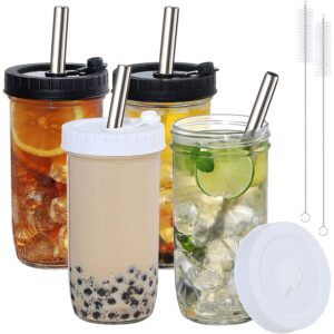 4 pack glass bubble tea cups - 24oz mason jar with lid and straw, clean brush, reusable wide mouth glass smoothie cups, boba cup, iced coffee cup, travel glass drinking bottle mason jar