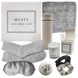 mysttbox get well soon gifts for women – deluxe home spa gift basket for women includes bath bomb, insulated thermos, scented candle – thinking of you self care gift for special occasions