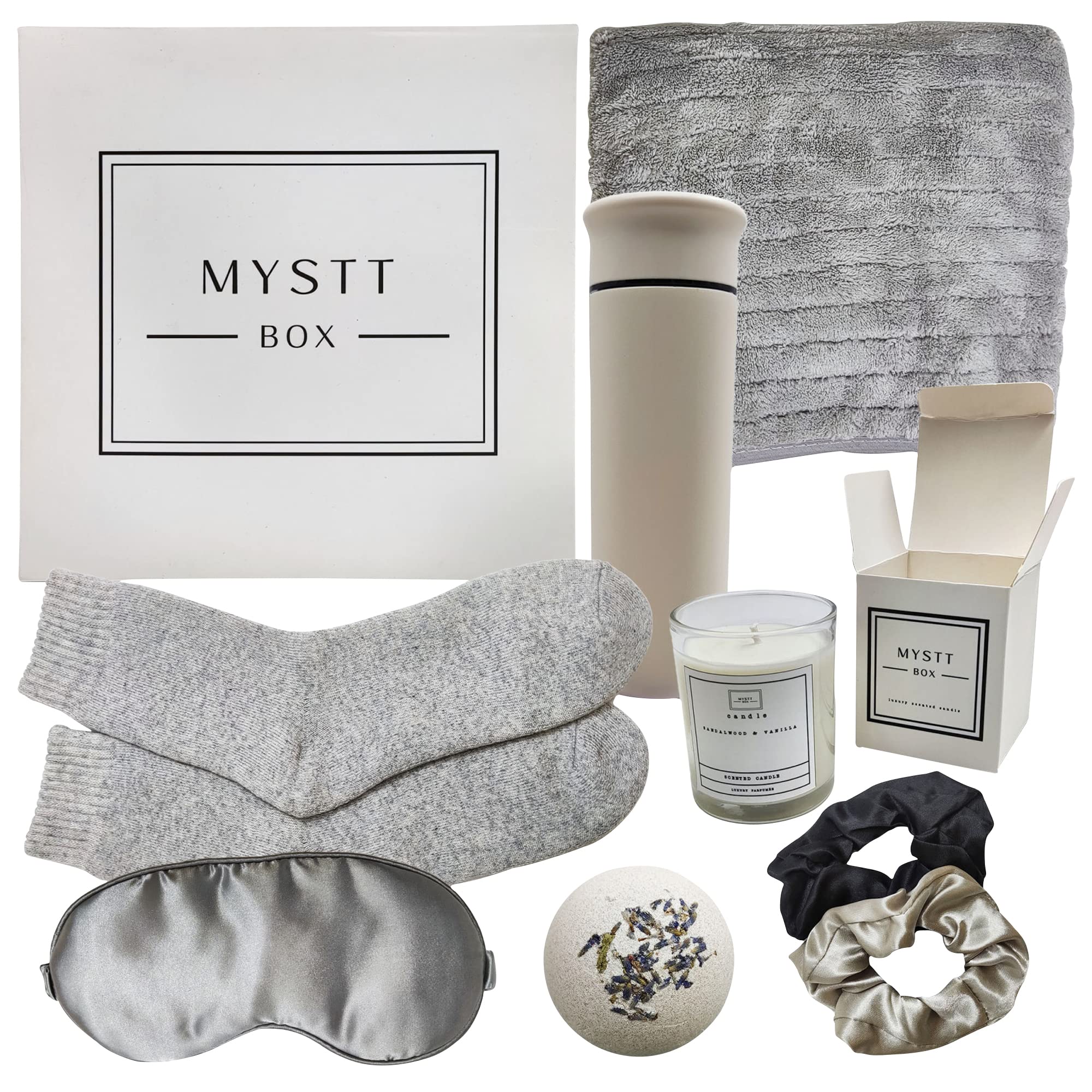 MysttBox Get Well Soon Gifts for Women – Deluxe Home SPA Gift Basket for Women Includes Bath Bomb, Insulated Thermos, Scented Candle – Thinking Of You Self Care Gift for Special Occasions