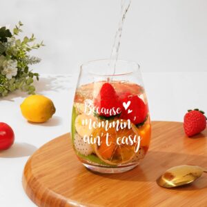 Futtumy Mom Gift, Mom Juice Because Mommin Ain’t Easy Stemless Wine Glass Set, Mothers Day Gift Birthday Gift Christmas Gift for Mom Mother Mom to be New Mom Mama, 15 Oz