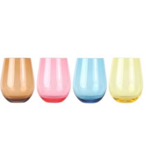 lily's home unbreakable poolside acrylic stemless wine glasses and water tumblers, made of shatterproof plastic and ideal for indoor and outdoor use, reusable. mixed colors. 14 oz. - set of 4