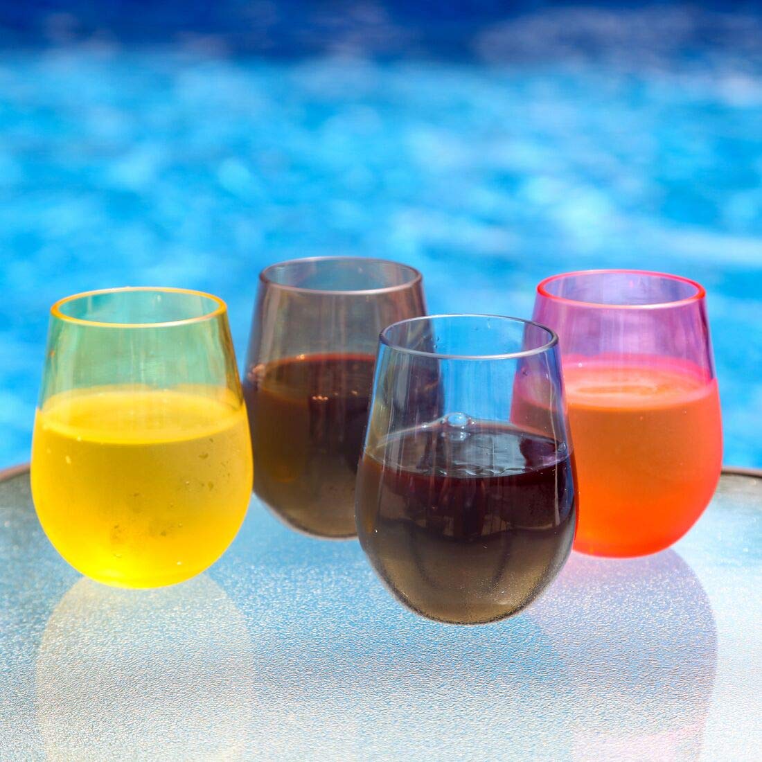 Lily's Home Unbreakable Poolside Acrylic Stemless Wine Glasses and Water Tumblers, Made of Shatterproof Plastic and Ideal for Indoor and Outdoor Use, Reusable. Mixed Colors. 14 Oz. - Set of 4