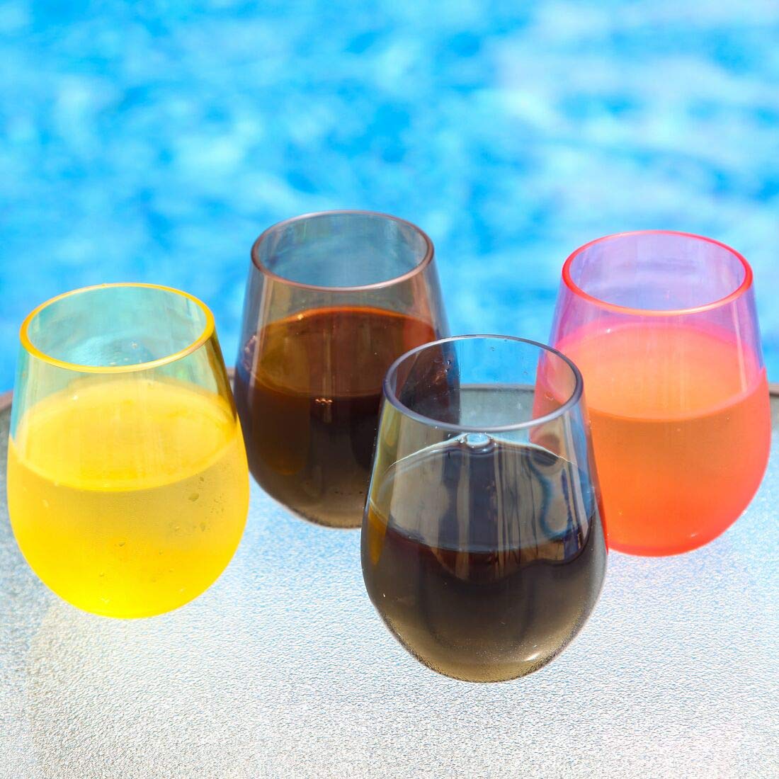 Lily's Home Unbreakable Poolside Acrylic Stemless Wine Glasses and Water Tumblers, Made of Shatterproof Plastic and Ideal for Indoor and Outdoor Use, Reusable. Mixed Colors. 14 Oz. - Set of 4