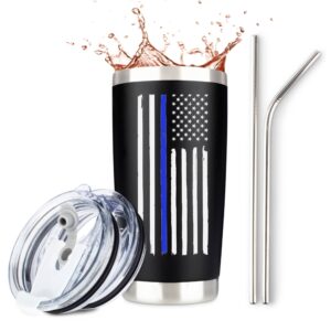 jenvio thin blue line police tumbler | stainless steel travel mug including 2 lids 2 straws gift box for coffee cup | correctional for him | cops officer valentine's day gift