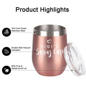 GINGPROUS Grandma Gift-Gigi's Sippy Cup Wine Tumbler with Lid and Straw, Gifts for Grandma Gigi Grandmother Mother's Day Birthday Christmas, Insulated Stainless Steel Wine Tumbler (12Oz, Rose Gold)