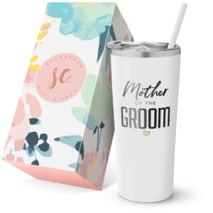 sassycups mother of the groom cup | vacuum insulated stainless steel tumbler with straw for groom's mom | engagement announcement | travel mug for groom's mothers | bridal party (22 ounce, white)