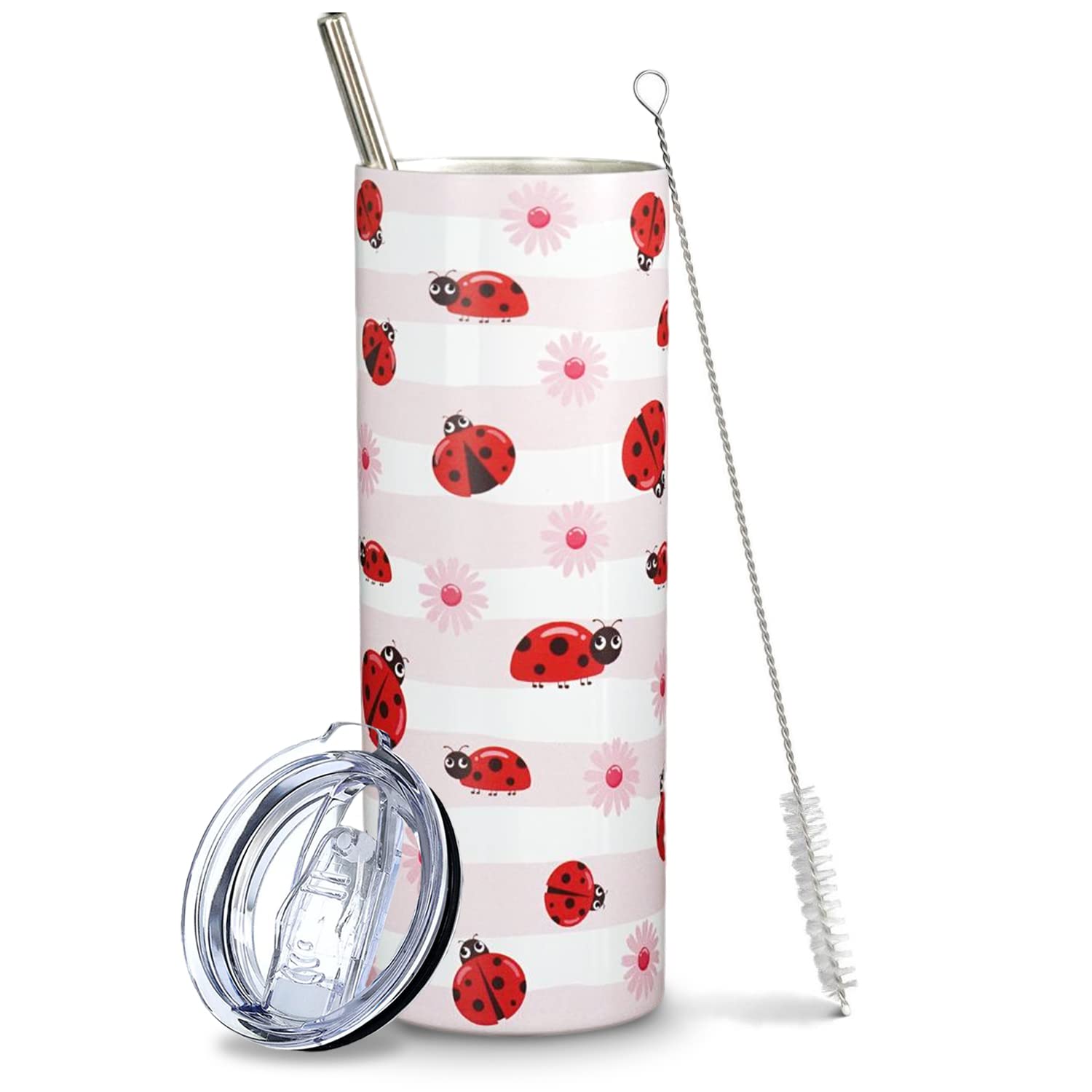 Mofvugz Ladybug Gifts for Women Girls, Cute Ladybugs Daisy Floral Tumbler Cup Coffee Travel Mug, Lady Bug Pink Metal Thermal Insulated Tumblers 20 Oz, Ladybug Decor Accessories Stuff, Kawaii Gifts