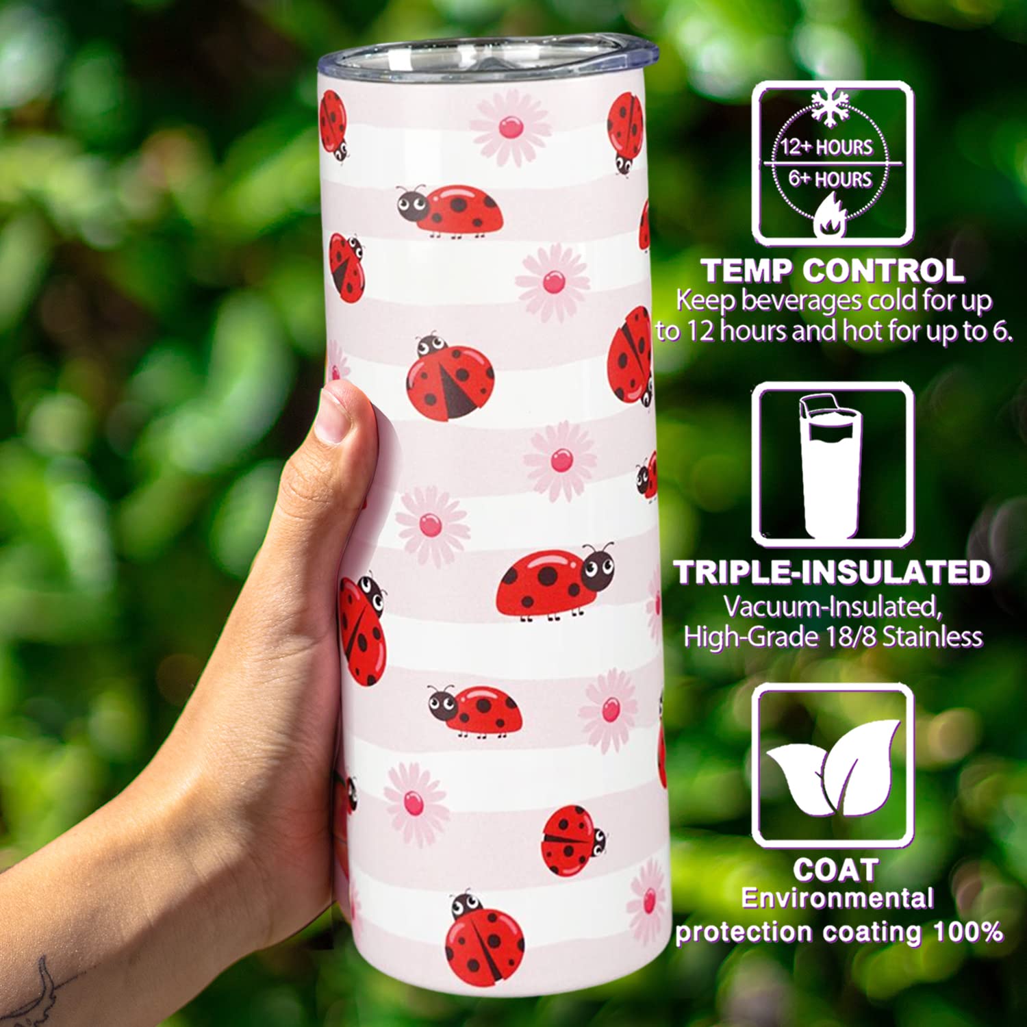 Mofvugz Ladybug Gifts for Women Girls, Cute Ladybugs Daisy Floral Tumbler Cup Coffee Travel Mug, Lady Bug Pink Metal Thermal Insulated Tumblers 20 Oz, Ladybug Decor Accessories Stuff, Kawaii Gifts