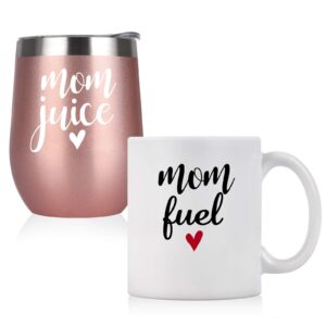 qtencas mom gifts, mom juice mom fuel coffee mug and wine tumbler set, birthday christmas gifts for mom new mom mothers to be wife women mother's day, insulated stainless steel wine tumbler with lid