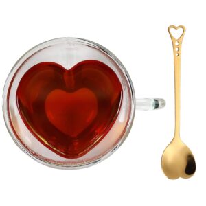 heart shaped cup - double walled insulated glass coffee mug or tea cup - double wall glass 10oz (300ml) - clear - unique & insulated with handle - with teaspoon