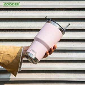 koodee Insulated Coffee Tumbler 30 oz Stainless Steel Double Wall Travel Coffee Mug with Lid and Straw, Handle (30 oz, Pink)