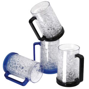 patiomos drinking glasses cups, double wall gel freezer beer mugs, freezer ice mugs cups, 16oz, plastic cooling beer mug clear set of 4 (2blue and 2black)