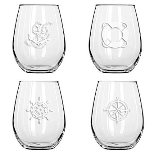 SET OF 4 -Stemless Boat Wine Glasses-Nautical Themed, Plastic, 16oz, Pool Wine Glasses, Shatter Proof Drinking Glasses for Wine or Cocktails