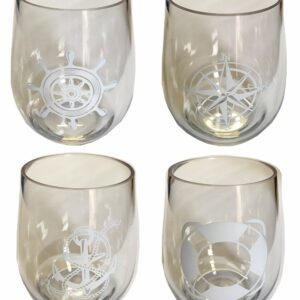 SET OF 4 -Stemless Boat Wine Glasses-Nautical Themed, Plastic, 16oz, Pool Wine Glasses, Shatter Proof Drinking Glasses for Wine or Cocktails