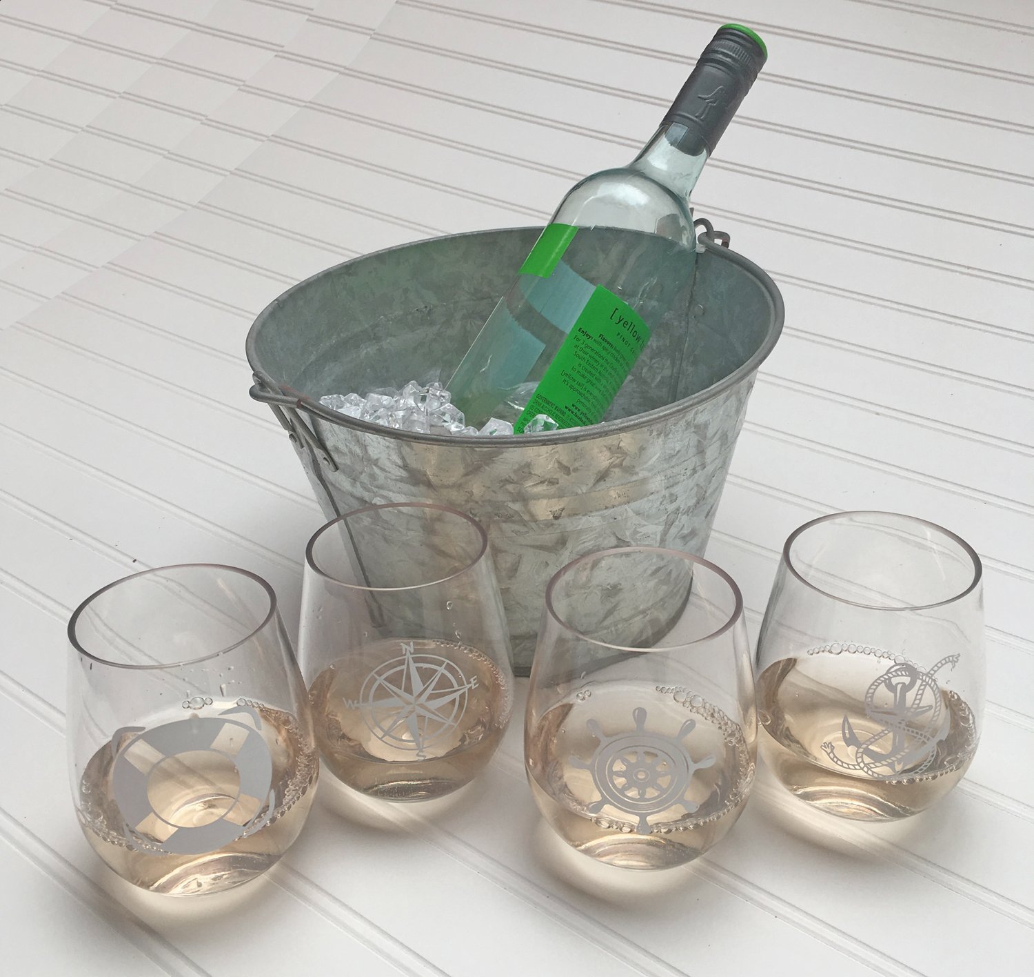 SET OF 4 -Stemless Boat Wine Glasses-Nautical Themed, Plastic, 16oz, Pool Wine Glasses, Shatter Proof Drinking Glasses for Wine or Cocktails