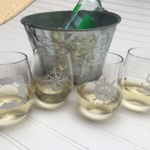 SET OF 4 -Stemless Boat Wine Glasses-Nautical Themed, Plastic, 16oz, Pool Wine Glasses, Shatter Proof Drinking Glasses for Wine or Cocktails