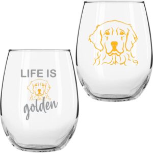 on the rox drinks golden retriever gifts for dog lovers - life is golden 15 oz stemless wine glass set of 2 - cute dog face glasses for women - funny tumbler, cup for pet lovers