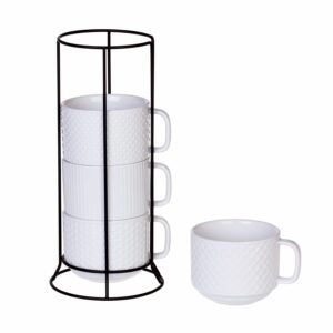 buyajuju porcelain stackable coffee mugs set of 4 with metal stand, 13 ounce stackable different embossment coffee cup holder for coffee, tea, cocoa, drinks, white
