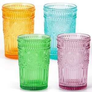 mdluu colored glassware, multicolor drinking glasses, embossed water glasses, colored tumblers glass, capacity 12oz/345ml, set of 4