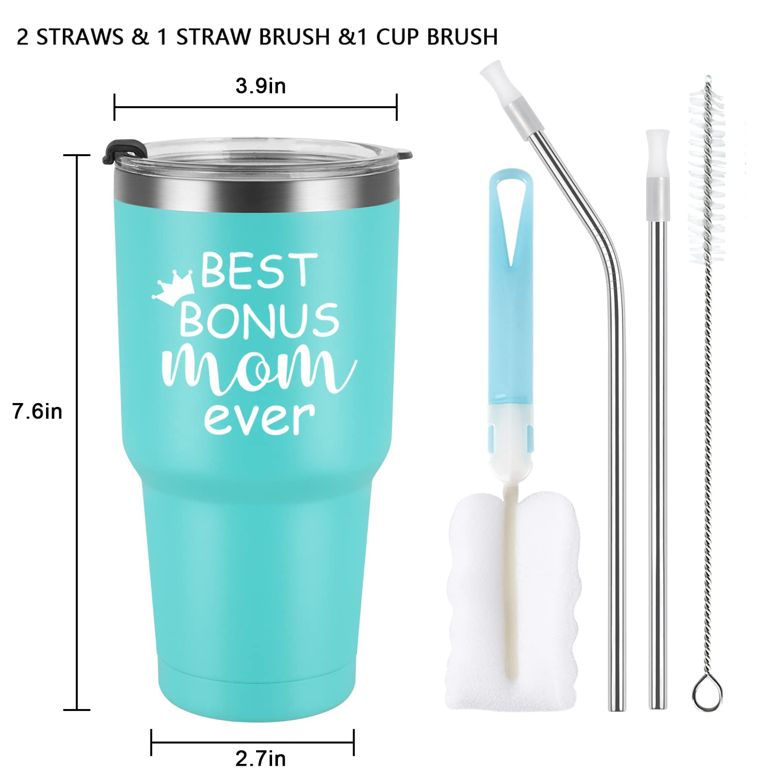 GINGPROUS Mother's Day Gifts for Mom Tumbler, Best Bonus Mom Ever Gifts for Stepmom Bonus Mom New Mom to be from Daughters Sons, 30 Oz Insulated Stainless Steel Travel Tumbler with Lids, Mint