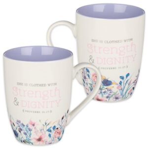 christian art gifts ceramic scripture coffee and tea mug for women 12 oz lavender floral inspirational bible verse mug - strength and dignity - proverbs 31:25 lead-free novelty mug