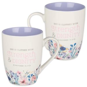 Christian Art Gifts Ceramic Scripture Coffee and Tea Mug for Women 12 oz Lavender Floral Inspirational Bible Verse Mug - Strength and Dignity - Proverbs 31:25 Lead-free Novelty Mug