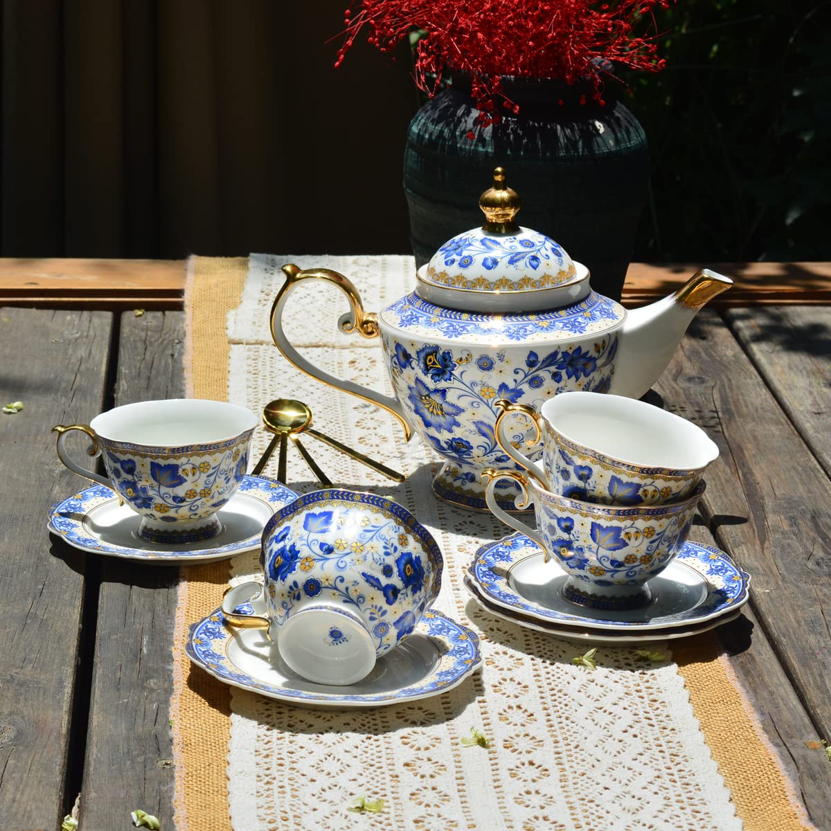 ACMLIFE Bone China Tea Set, 13-Piece Blue and White Tea Sets for Adults, Vintage Tea Sets for Women Tea Party or Gift Giving