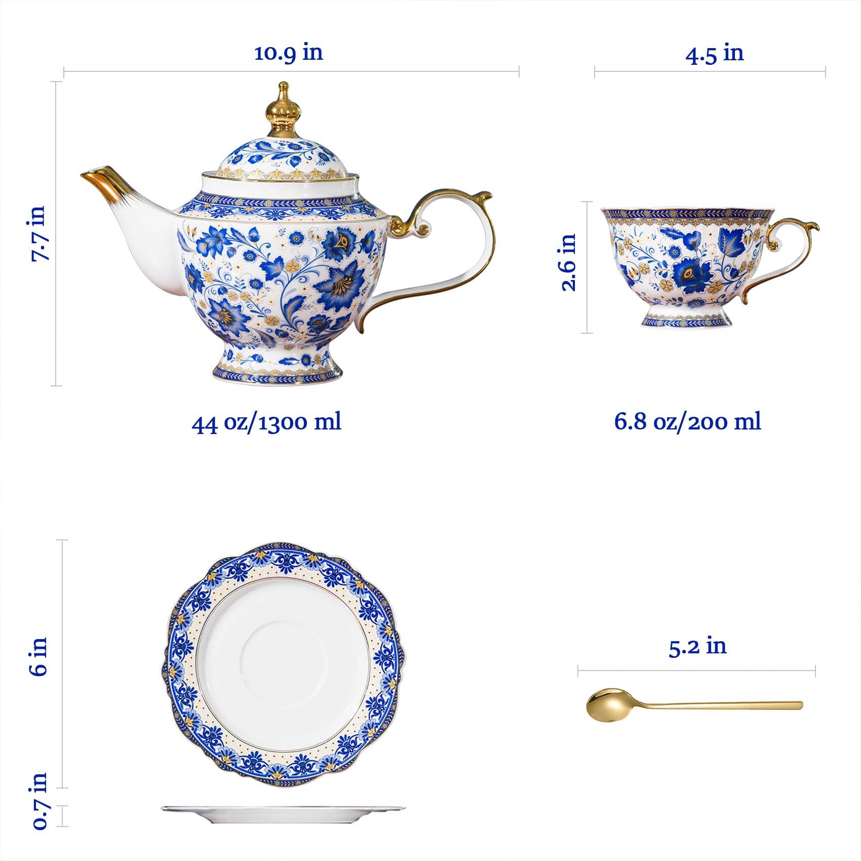 ACMLIFE Bone China Tea Set, 13-Piece Blue and White Tea Sets for Adults, Vintage Tea Sets for Women Tea Party or Gift Giving