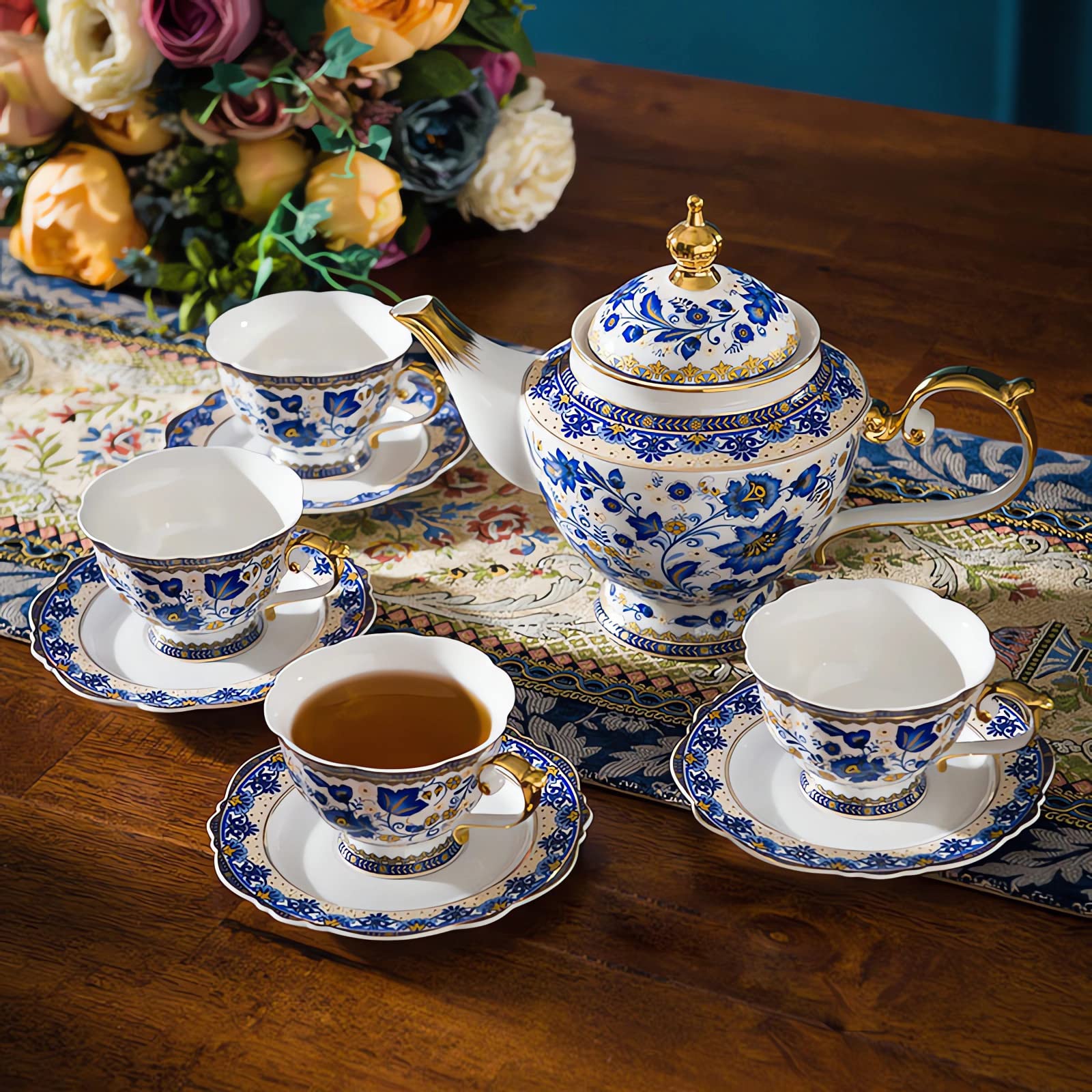 ACMLIFE Bone China Tea Set, 13-Piece Blue and White Tea Sets for Adults, Vintage Tea Sets for Women Tea Party or Gift Giving