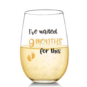 waited 9 months for this funny wine glass gifts for new mom - birthday, mother's day gifts for women, expectant moms, pregnancy, mom gifts from husband, confidante, friend, 17 oz stemless wine glasses