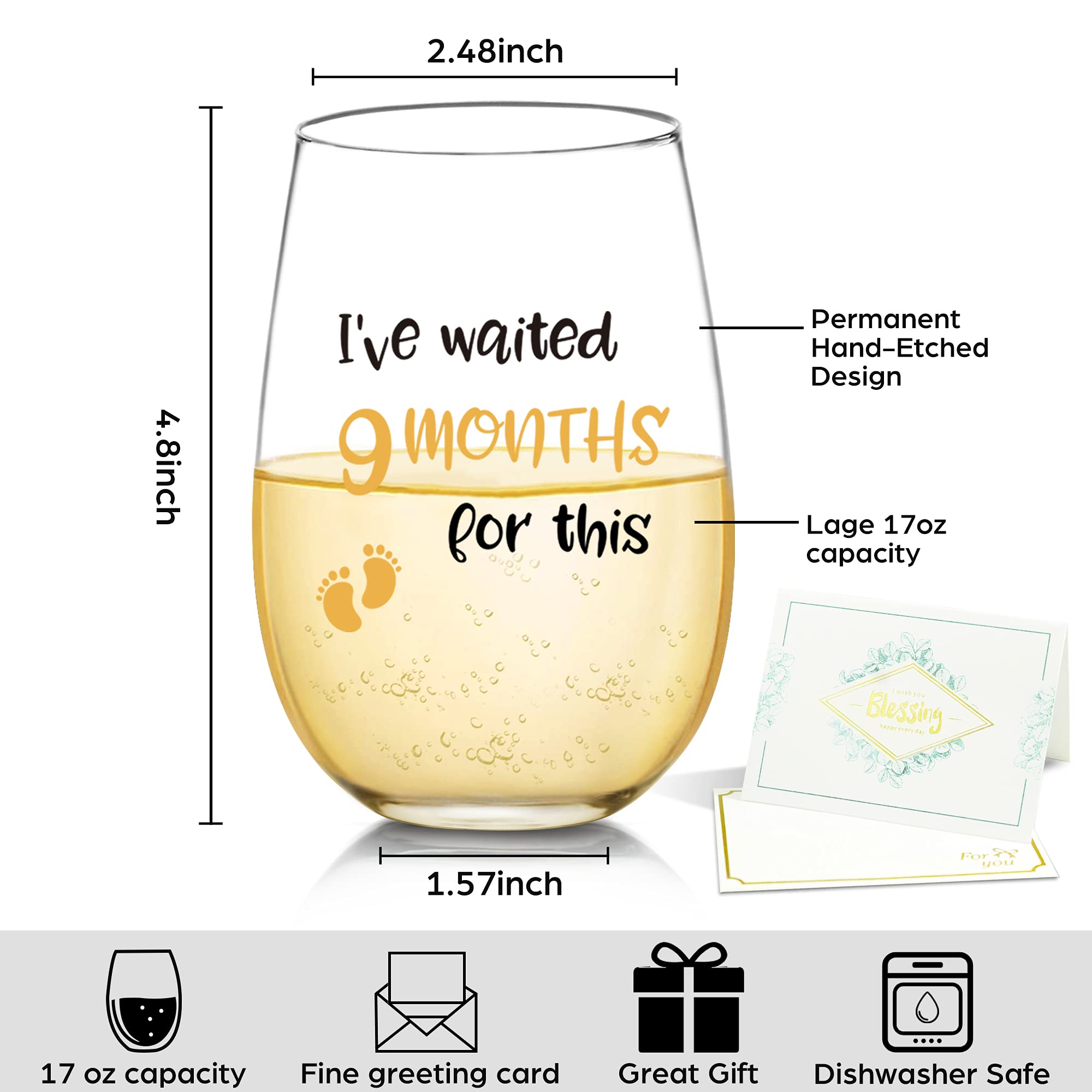 Waited 9 Months for This Funny Wine Glass Gifts for New Mom - Birthday, Mother's Day Gifts for Women, Expectant Moms, Pregnancy, Mom Gifts from Husband, Confidante, Friend, 17 oz Stemless Wine Glasses