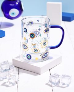 nefelibata evil eye glass coffee cup with handle 16oz glass can for hot/cold beverages cappuccino latte espresso beer hamsa blue evil eye for protection tumbler mug heat-resistant and freezer safe