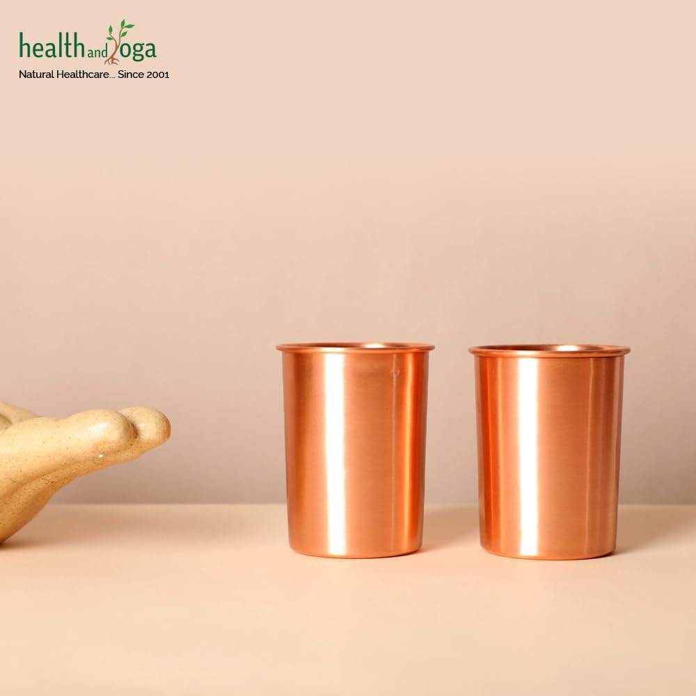 SoulGenie HealthAndYoga™ qCup Pure Copper Tumblers for Drinking - Ayurvedic Health Pure Copper Cups – 2 pcs. set - 250 ml.(8 fl oz) (Plain)