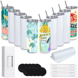 20 oz sublimation tumblers,10 pack blank skinny tumbler with lids and straws,stainless steel double wall vacuum insulated sublimation tumbler bulk set, straight tumblers cups travel coffee cup(white)